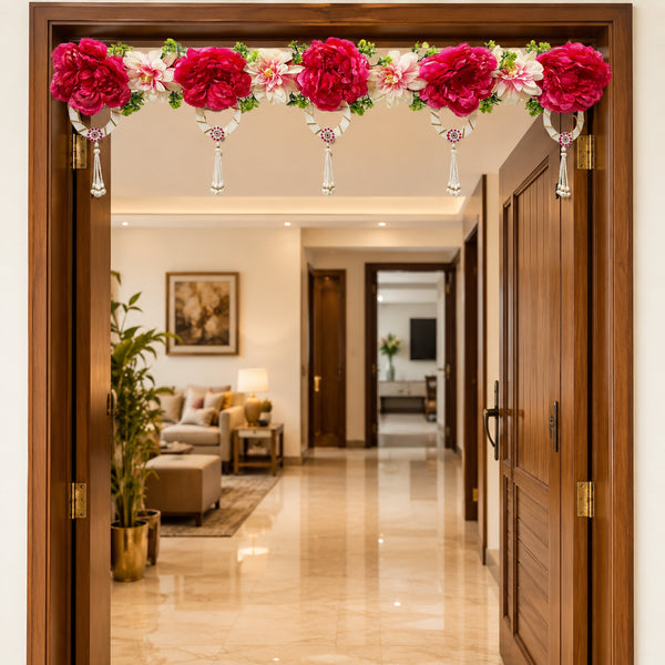 Rani Pink Big Flower Toran with Pearl Tassels for Main Door Decoration | Handmade Bandhanwar for Home Entrance, Mandir & Festive Décor | 40 Inch | Craft Shop India