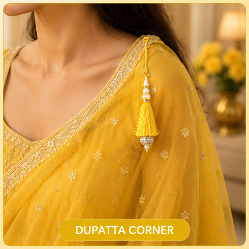 Yellow Silk Hanging Tassels with Silver Cutdana Beads for Saree Pallu, Blouse, Lehenga, Dupatta, DIY Art & Craft Decoration | Pack of 10 | Craft Shop India