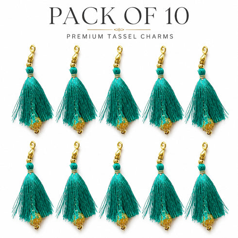 Sea Green Silk Hanging Tassels with Golden Cutdana Beads for Saree Pallu, Blouse, Lehenga, Dupatta, DIY Art & Craft Decoration | Pack of 10 | Craft Shop India