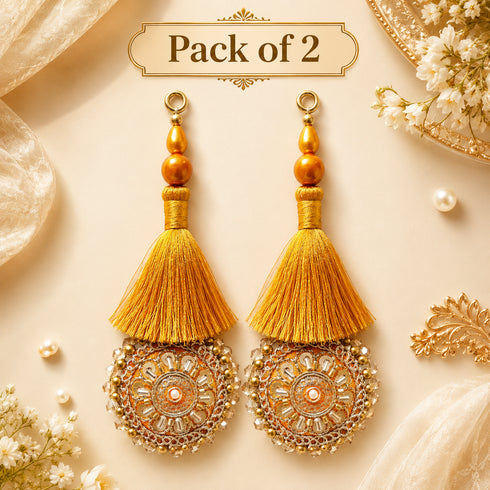 Mustard Yellow Mirror Work Round Latkan Tassel Set of 2 for Saree Pallu, Blouse, Dupatta & Lehenga | Craft Shop India
