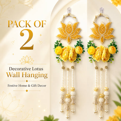 Yellow Nalki Pichwai Lotus with Flower Bunch Hanging (Pack of 2) | Traditional Wall Décor | Craft Shop India