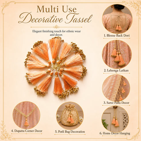 Peach Gold Beaded Fancy Silk Tassels with Zari Bead Thread Latkan Pack of 10 | Craft Shop India