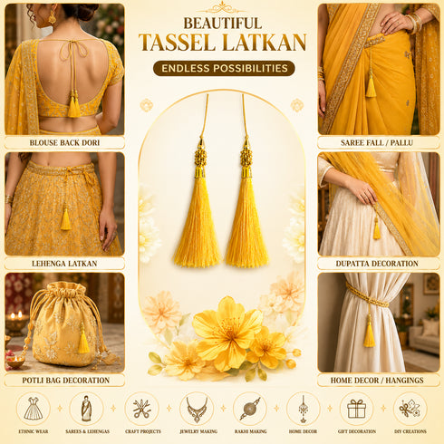 Yellow Silk Thread Tassel Latkan with Golden Bead Cluster for Suit, Kurti, Gown, Saree, Blouse, Dupatta, Lehenga, Jewelry & DIY Art & Craft | Pack of 10 | Craft Shop India