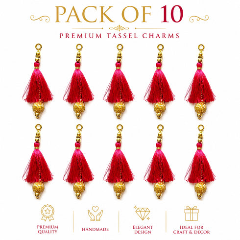 Rani Pink Silk Hanging Tassels with Golden Cutdana Beads for Saree Pallu, Blouse, Lehenga, Dupatta, DIY Art & Craft Decoration | Pack of 10 | Craft Shop India