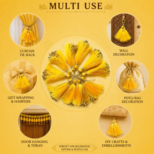 Sunshine Yellow Fancy Silk Tassels with Zari Bead Thread Latkan Pack of 10 | Craft Shop India