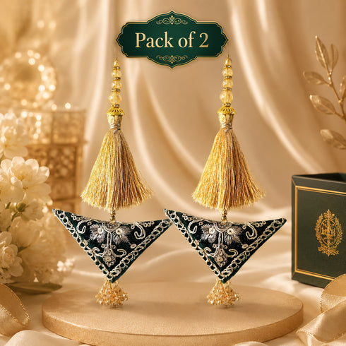 Dark Bottle Green Embroidered Triangle Potli Latkan Tassel Set of 2 for Saree, Blouse & Lehenga | Craft Shop India