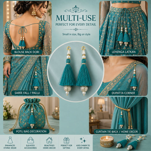 Sea Green Silk Hanging Tassels with Silver Cutdana Beads for Saree Pallu, Blouse, Lehenga, Dupatta, DIY Art & Craft Decoration | Pack of 10 | Craft Shop India
