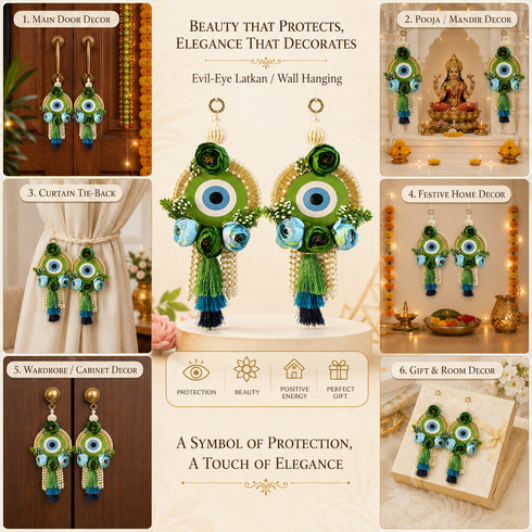 Green Handmade Floral Evil Eye Door Hanging Pair with Pearl Beads & Tassels | Home Decor | Craft Shop India