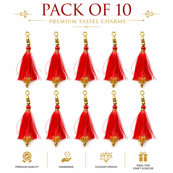 Carrot Red Silk Hanging Tassels with Golden Cutdana Beads for Saree Pallu, Blouse, Lehenga, Dupatta, DIY Art & Craft Decoration | Pack of 10 | Craft Shop India
