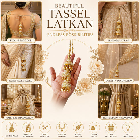 Golden 3 Cone Ethnic Nalki Cone Latkan Tassel Pack of 2 for Saree, Blouse & Lehenga | Craft Shop India