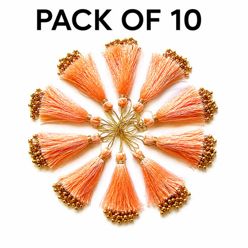 Peach Gold Beaded Fancy Silk Tassels with Zari Bead Thread Latkan Pack of 10 | Craft Shop India