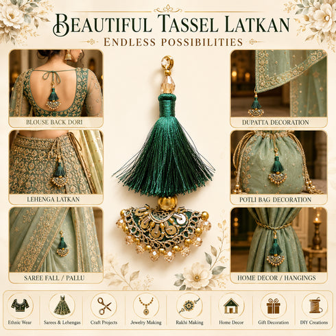 Dark Green Mirror Work Curved Latkan Tassel Set of 2 for Saree Pallu, Blouse, Dupatta, Lehenga & DIY Craft Decoration | Craft Shop India