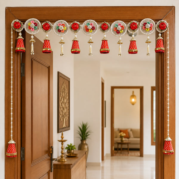 Red Rose Ring Toran with Matki Latkans & Side Hangings for Door Decoration | Handmade Bandhanwar for Main Door, Mandir & Festive Décor | 40 Inch | Craft Shop India