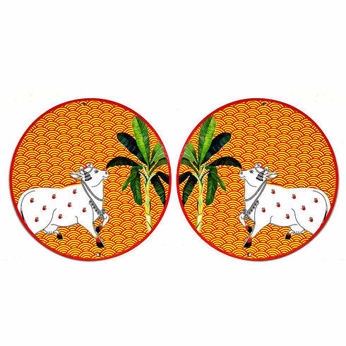 Orange Pichwai Cow With Banana Tree Mdf 6 INCH
