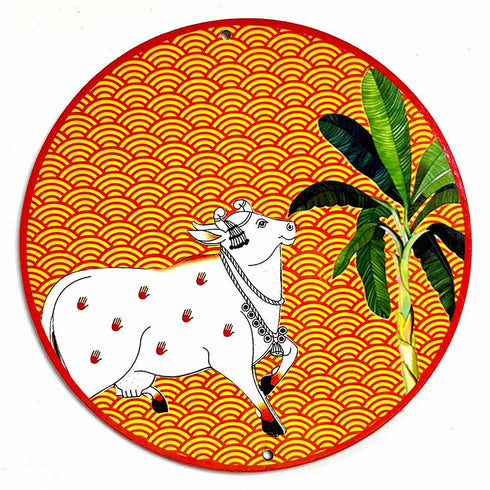 Orange Pichwai Cow With Banana Tree Mdf 6 INCH