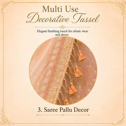Peach Gold Beaded Fancy Silk Tassels with Zari Bead Thread Latkan Pack of 10 | Craft Shop India