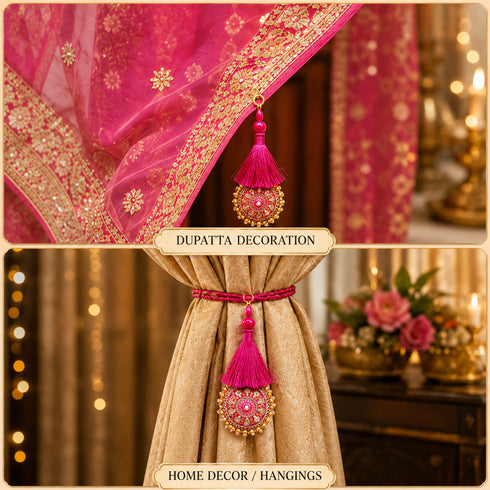Rani Pink Mirror Work Round Latkan Tassel Set of 2 for Saree Pallu, Blouse, Dupatta & Lehenga Decoration | Craft Shop India