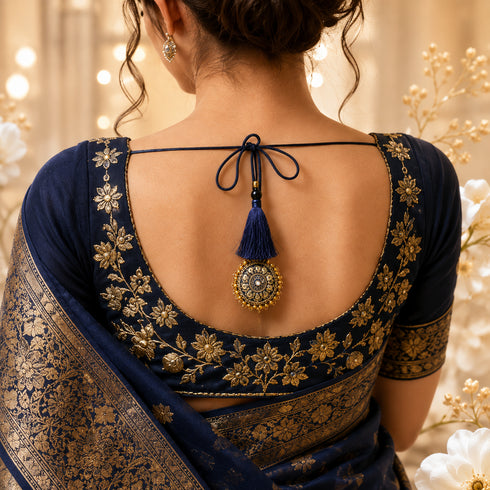 Navy Blue Mirror Work Round Latkan Tassel Set of 2 for Saree Pallu, Blouse, Dupatta & Lehenga | Craft Shop India