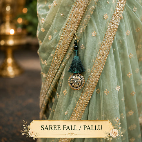Dark Green Mirror Work Round Latkan Tassel Set of 2 for Saree Pallu, Blouse, Dupatta & Lehenga | Craft Shop India