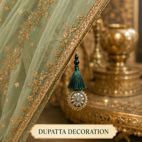Dark Green Mirror Work Round Latkan Tassel Set of 2 for Saree Pallu, Blouse, Dupatta & Lehenga | Craft Shop India