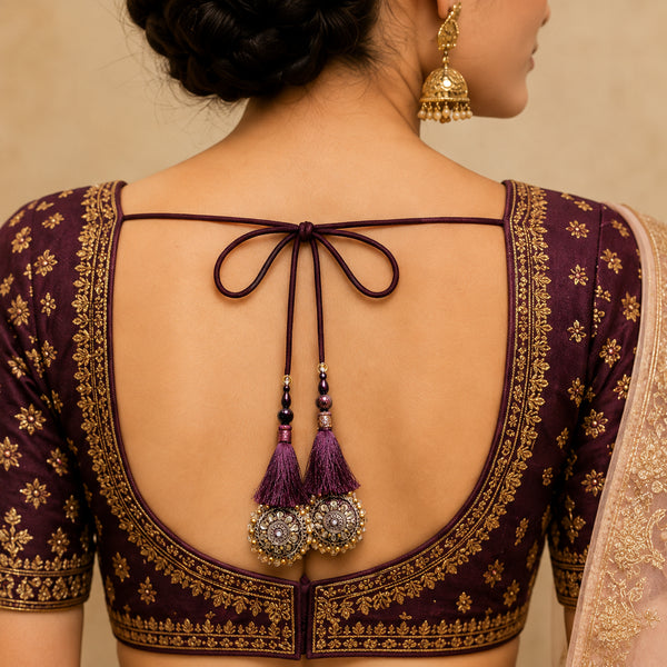 Dark Wine Mirror Work Round Latkan Tassel Set of 2 for Saree Pallu, Blouse, Dupatta & Lehenga | Craft Shop India
