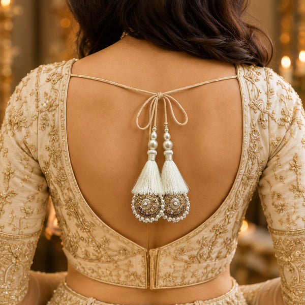 Cream Mirror Work Round Latkan Tassel Set of 2 for Saree Pallu, Blouse, Dupatta & Lehenga | Craft Shop India