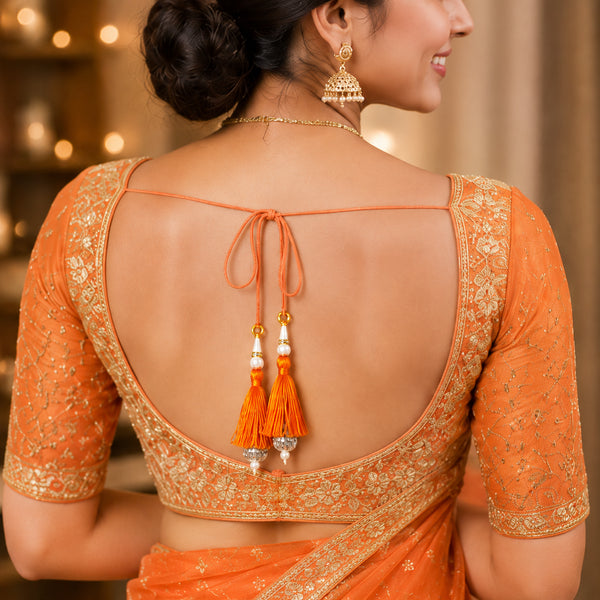 Orange Silk Hanging Tassels with Silver Cutdana Beads for Saree Pallu, Blouse, Lehenga, Dupatta, DIY Art & Craft Decoration | Pack of 10 | Craft Shop India