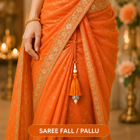 Orange Silk Hanging Tassels with Silver Cutdana Beads for Saree Pallu, Blouse, Lehenga, Dupatta, DIY Art & Craft Decoration | Pack of 10 | Craft Shop India