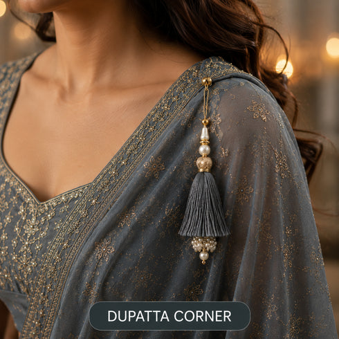 Grey Silk Hanging Tassels with Silver Cutdana Beads for Saree Pallu, Blouse, Lehenga, Dupatta, DIY Art & Craft Decoration | Pack of 10 | Craft Shop India