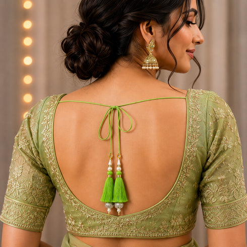 Parrot Green Silk Hanging Tassels with Silver Cutdana Beads for Saree Pallu, Blouse, Lehenga, Dupatta, DIY Art & Craft Decoration | Pack of 10 | Craft Shop India