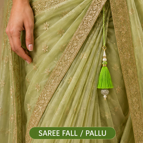 Parrot Green Silk Hanging Tassels with Silver Cutdana Beads for Saree Pallu, Blouse, Lehenga, Dupatta, DIY Art & Craft Decoration | Pack of 10 | Craft Shop India