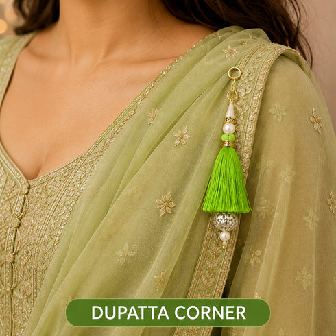 Parrot Green Silk Hanging Tassels with Silver Cutdana Beads for Saree Pallu, Blouse, Lehenga, Dupatta, DIY Art & Craft Decoration | Pack of 10 | Craft Shop India