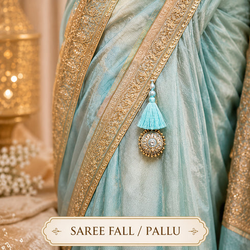 Sky Blue Mirror Work Round Latkan Tassel Set of 2 for Saree Pallu, Blouse, Dupatta, Lehenga & DIY Craft Decoration | Craft Shop India