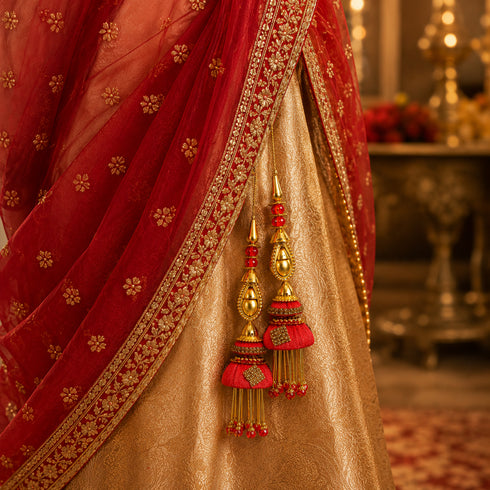 Red & Golden Handmade Double Layer Silk Jhumki Latkan Tassel Set of 2 for Saree, Blouse & Lehenga | Craft Shop India