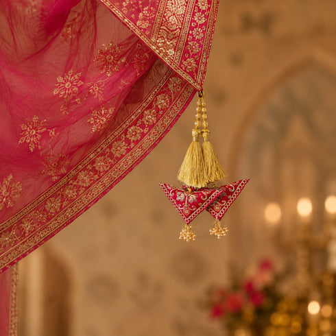 Rani Pink Embroidered Triangle Potli Latkan Tassel Set of 2 for Saree, Blouse & Lehenga | Craft Shop India