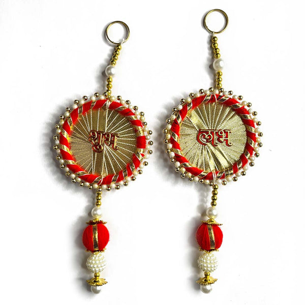 Red Color Shubh Labh | Shubh Labh | Decoration | Set of 2 | Women Design | Golden & Red Acrylice design | Online Art | Indian Craft | Craft Shop India | Red Color Combination Tassel | Decoration Set Of 2 | Shubh Labh Pair In Red Color