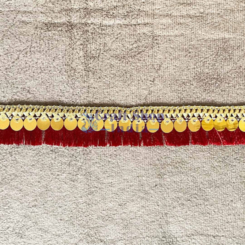 Maroon Silk Thread Tassel Fringe Sequenced Lace & Border - ( 9mtr )
