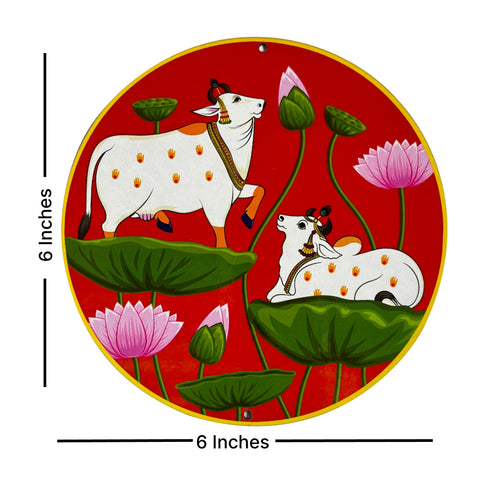 Red Pichwai Pair Cow With Lotus Mdf 6 IN