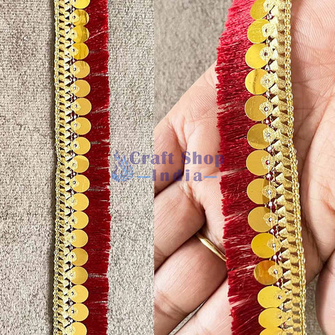 Maroon Silk Thread Tassel Fringe Sequenced Lace & Border - ( 9mtr )