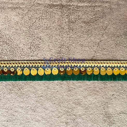 Green Silk Thread Tassel Fringe Sequenced Lace & Border - ( 9mtr )