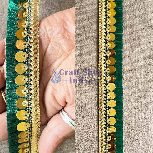 Green Silk Thread Tassel Fringe Sequenced Lace & Border - ( 9mtr )
