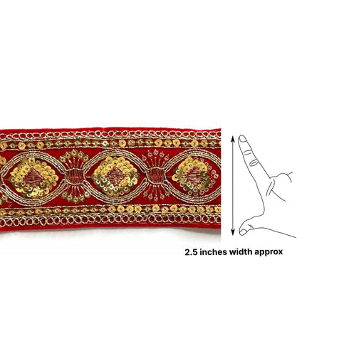 Red Velvet With Golden Zari Embroidered Border- ( 9mtr, Design_3 ) | Golden Zari Embroidered Border | Red Velvet | Adikala Craft Store | Art Craft | Decoration | Laces Collection | Border Collection | Craft Making