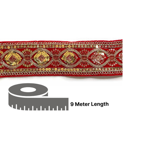Red Velvet With Golden Zari Embroidered Border- ( 9mtr, Design_3 ) | Golden Zari Embroidered Border | Red Velvet | Adikala Craft Store | Art Craft | Decoration | Laces Collection | Border Collection | Craft Making