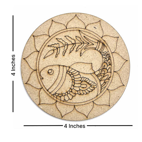 Round Shaped MDF Engraved Madhubani Fish Design Coaster Set of 6