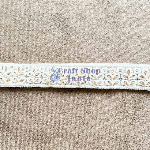 Dyeable Cream Color Thread Work With Golden Zari Lace - ( 9mtr )