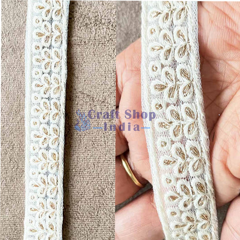 Dyeable Cream Color Thread Work With Golden Zari Lace - ( 9mtr )