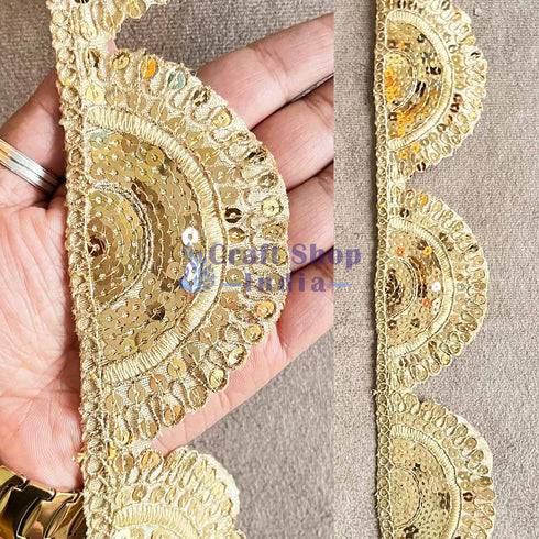 Golden With Zari Sequence Work Semi Circle Tissue Lace & Border ( 9mtr )