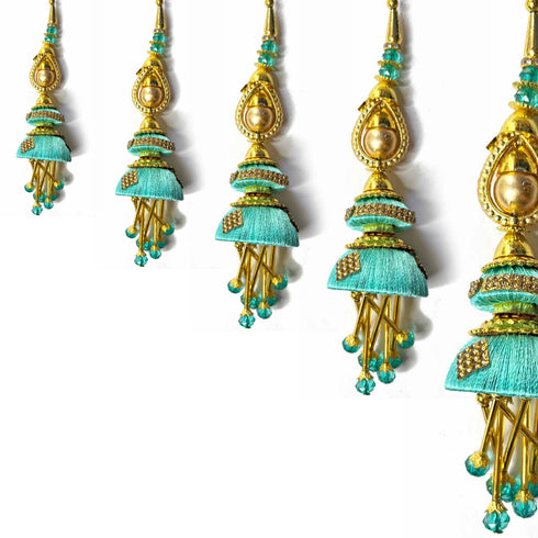 Sea Green Silk Thread Cone With Glass Pipe Ethnic Work Latkan Hanging Set Of 2