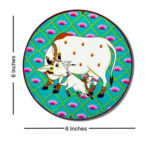 Firozi Pichwai Cow & Calf With Lotus Mdf 6 IN