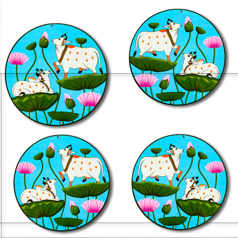 Sky Blue Pichwai Pair Cow With Lotus Mdf 6 IN